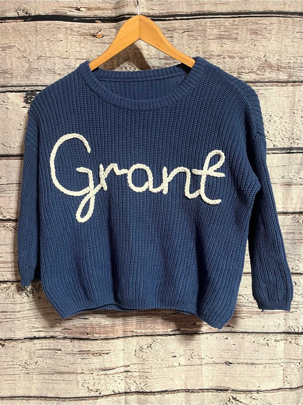 navy knit sweater with Grant white yarn personalization